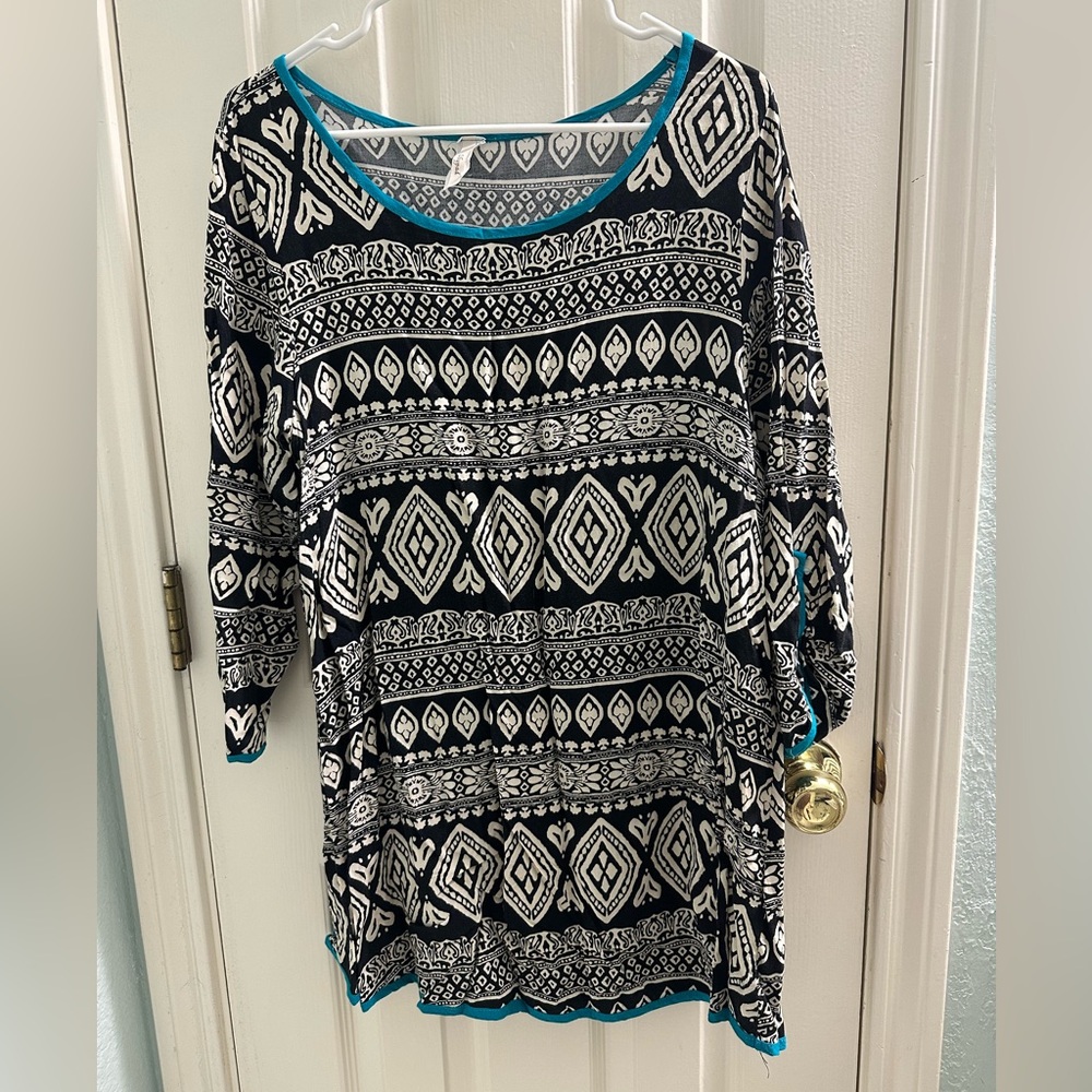 Lilypad Black and White Geometric Tunic with Blue Accents